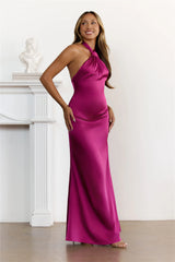 Crowned Nights Satin Halter Maxi Dress Plum
