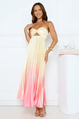 Melting Sunset Satin Strapless Maxi Dress Yellow